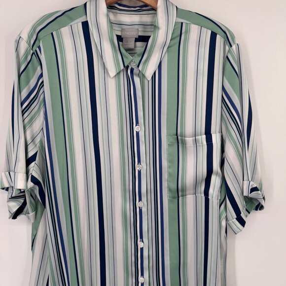 Chicos 4 Women Striped Collared Button-Up Shirt Size 2x plus short sleeve satin - Picture 5 of 15